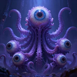 An Eldritch Organic Living Empire of The Void made of eyeballs and tentacles, Purple and Blue colored, 4k, masterpiece, cinematic, glowing, by Greg Rutkowski, Trending on Artstation, Behance. Polished, Volumetric Lighting