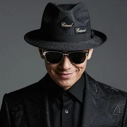 an enigmatic mysterious man, smiling, face unseen by wearing a logo - patch woven fedora and chopard sunglasses, expensive outfit, elegant, intricate