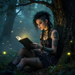 portrait, beautiful punk rocker girl, with tattoos and piercings, sits in a mystical misty forest, reading under a tree, fireflies and fairies, fishnets, skirt, dramatic lighting, cinematic, establishing shot, extremly high detail, foto realistic, cinematic lighting, post processed, concept art, artstation, matte painting, style by eddie mendoza, raphael lacoste, alex ross
