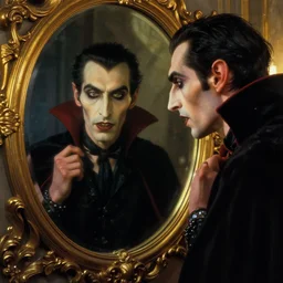 hyperrealistic portrait of a vampire watching a mirror. by jeremy mann and alphonse mucha, fantasy art, photo realistic, dynamic lighting, artstation, poster, volumetric lighting