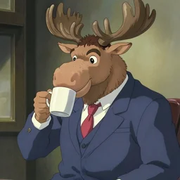 anime painting of a moose in a suit and tie sipping coffee from a mug by miyazaki, anime