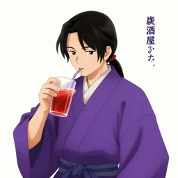 紫 色 の 侍 は 居 酒 屋 にいます 。 彼 らか 赤 の 飲 み 物 をのんている