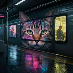 detailed portrait of a cat, moment, cyberpunk elevated train, electronic billboards, tech noir, wet reflections, atmospheric, ambient, livia prima, greg rutkowski, edward hopper, pj crook