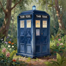 A beautiful painting of TARDIS in the forest with flowers and trees and ferns, soft sun light by Herbert Arnould Olivier, Trending on artstation
