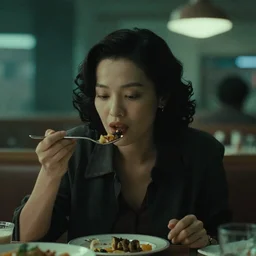 photo of a woman eating in a restaurant, neo - future, highly detailed environment, depressing, lonely, movie, movie screengrab, noir, soft green lighting, 8 mm camera, heavy film grain, hyper realistic, photorealistic, heavily detailed face, backlighting, elegant, in the style of wong kar - wai