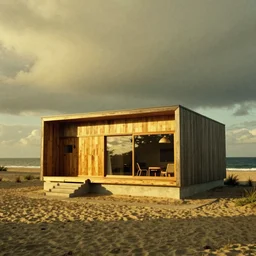 architecture ad for a mid-century small modern house on the beach, designed by Kengo Kuma. Film grain, cinematic, yellow hue