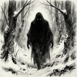a spooky shadowy figure with yellow eyes creeps through a winter forest, sinister, charcoal sketch, greg rutkowski