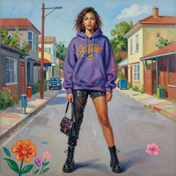 painting by martine johanna of kaia jordan gerber wearing a hoodie standing in a township street in the style of jenny saville, street fashion outfit, haute couture fashion shoot, full figure painting by david choe and ryan hewett, decorative flowers, 2 4 mm, die antwoord yolandi visser