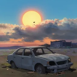 cute, dramatic sky, sun, empty legnica, destroyed car, morning, prison far away, gouache matte painting by pixar studio makoto shinkai subtle frazetta shinkai ghibli gouache