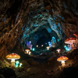 a large cave lit by glowing mushrooms. colorful crystals grow from the ground, visual novel