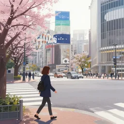 i walk near and on the shibuya crossing in tokyo, japan. volumetric lighting, spring, early morning, overcast weather, realistic illustration, perfectly shaded, soft painting, art by krenz cushart and wenjun lin