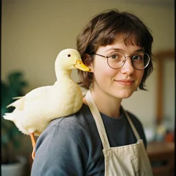 a woman with a duck on her shoulder!!! looking at the camera! wearing an apron!! and smiling slightly, short brown hair!!! wearing round glasses! shot on kodak gold 2 0 0