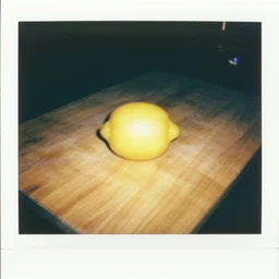 Polaroid photo of a lemon on a cutting board, motion blur, out of focus, flash, overexposed, grainy