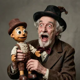 hyper realistic old 1 9 8 0 photography of lunatic mad scared ventriloquist old man with terrific haunted wood carved puppet