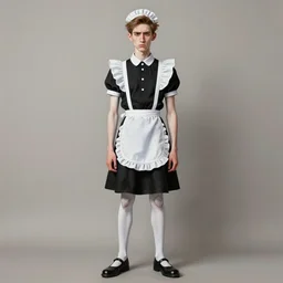full body painting of grumpy handsome thin beautiful man in his 2 0 s named min - jun in a french female maid outfit, modern clothing, elegant, clear, painting, stylized, delicate facial features, stylized thin lines, soft but grumpy, highly detailed, art, art by egon alphonse