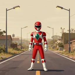 a study of cell shaded cartoon of a power ranger on a country road, street lamps, road, illustration, wide shot, subtle colors, post grunge, concept art by josan gonzales and wlop, by james jean, Victo ngai, David Rubín, Mike Mignola, Laurie Greasley, highly detailed, sharp focus, Trending on Artstation, HQ, deviantart, art by artgem
