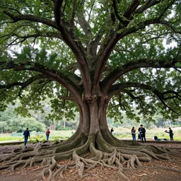 oak tree as big as a building with people among the roots