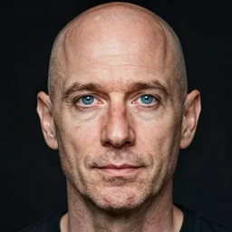 He is white, middle aged, and completely bald. He looks like actor Glenn Langan. He has no facial hair, no beard, no eyebrows and no eyelashes. He has an average build. He has big round blue eyes.