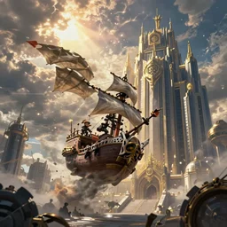 A flying pirate ship crashing into the imposing magitek headquarters of the capital city of an industrial Empire, digital painting, concept art, artstation