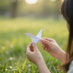 A girl made of paper folded origami dramatic lighting, with bokeh effect in a sunny meadow