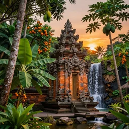 ancient forest stone brick temple with a waterfall and colorful tropic mango trees, banana trees, orange trees, papaya trees, sunset, high definition, high detail, photorealisitc, 8k,