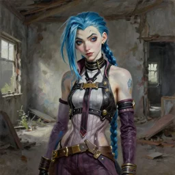 oil painting of jinx arcane, standing in abandoned building, wearing formal uniform, in style of charlie bowater, detailed face,