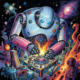 colorful illustration of a robot trying to repair the universe, intricate complexity, by greg rutkowski, artgerm, ross tran, conrad roset, takato yomamoto. 4 k, beautiful, cinematic dramatic atmosphere