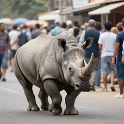 photograph of a rhinoceros running down a crowded street