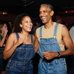 two happy obamas wearing overalls and having fun at the club, photography 5 5 mm