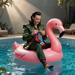 Tom Hiddlestone as Loki  sitting on a flamingo pool float in the middle of the pool and knitting colorful socks