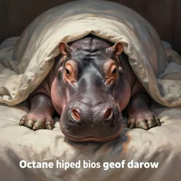 hippo lying in bed, half covered blanket, centered composition, digital painting, artstation, concept art, kids book illustration, sharp focus, octane render, illustration, art by geof darrow,