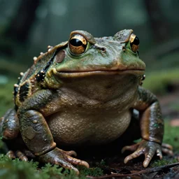 macro medium shot, rugged anthropomorphic muscular oversized frog as barbarian hunter in deep forest, kodachrome film still