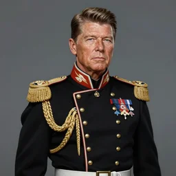 hyperrealistic full body portrait of ronald reagan, highly decorated uniform, portrait, highly detailed, hyperrealistic, digital painting, artstation, concept art, smooth, sharp focus, illustration, cinematic lighting, art by artgerm and greg rutkowski and alphonse mucha