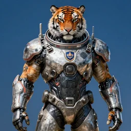 a full body! portrait of a muscular anthropomorphic cyberpunk tiger in spacesuit armor with ensignia on chest plate by sandra chevrier, by jon foster, detailed render, post - processing, extremely hyperdetailed, intricate, epic composition, cybernetics, 4 k realistic, cryengine, realistic shaded lighting, sharp focus, masterpiece, by enki bilal, by pablo picasso blue period