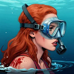 a profile photo of a  jessica chastain with a diving oxygen mask with side profile blood in ocean intricate details by MARVEL comics and Sandra Chevrier-C