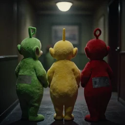 teletubbies in the backrooms, low key, disturbing, found footage, claustrophobic, bokeh, graflex, hard lights
