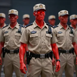 ( glowing red zombie ) security officers beige!! uniform and caps trending on artstation very realistic proportional accurate high detail 4 k 8 k hd
