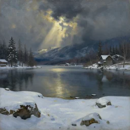 lake in winter, game of thrones style, oil on canvas