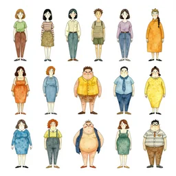 a variety of 3 very different female / male short / tall skinny / fat angry / happy character designs by moebius, full body, spaced evenly