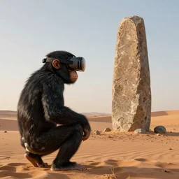 A Space Odyssey apes with vr headset staring at monolith at the dawn in the dessert