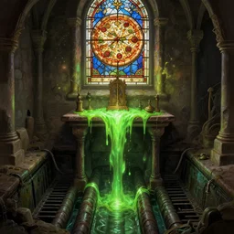 an altar in a puritan underground sewerage network, above a stained glass window depicting a pizza, green glowing slime flowing down from the sewers, intricate, highly detailed, digital painting, artstation, concept art, cinematic lighting, illustration, by artgerm, greg rutkowski, alphonse mucha, cgsociety