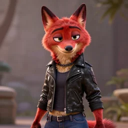 upper body shot, anthropomorphic female wolf with red fur, wearing a black leather jacket and denim pants, octane render, detailed, brawl stars, unreal engine 5, cinema 4 d cinematic, artstation, in the style of zootopia
