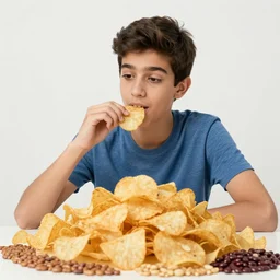 skinny arab boy eating a giant pile of chips and beans