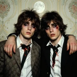 a baroque pairing of two handsome but sinister young men wearing gucci in layers of fear, with haunted eyes and wild hair, 1 9 7 0 s, seventies, wallpaper, a little blood, moonlight showing injuries, delicate embellishments, painterly, offset printing technique, by john howe, brom, robert henri, walter popp