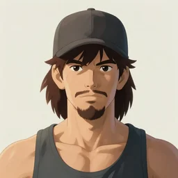 young jock portrait, mullet hair brown, baseball cap, goatee, olive skin, strong jaw, strong neck, tank top, art by studio ghibli and greg rutkowski and artgerm and ilya kuvshinov, portrait, d & d, fantasy, highly detailed, digital painting, headshot, trending on artstation, concept art, sharp focus, illustration