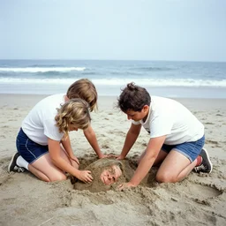 family on the beach burying their mother in the sand 1 9 8 3 candid kodachrome photo