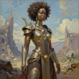 a beautiful oil on canvas of a futuristic afrofuturistic warrior, ornate, detailed, intricate, beautiful, stunning, post - apocalyptic landscape in the background, epic sky, vray render, artstation, deviantart, pinterest, sci - fi, afrofuturism, 5 0 0 px models