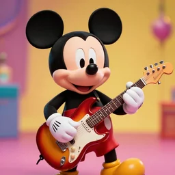 A colorful studio portrait of Mickey Mouse playing electric guitar in the style of a zany comedy movie; bokeh, 90mm, f/1.4