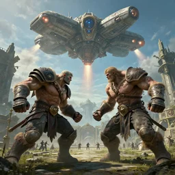 highly detailed elden ring portrait photo of a gigantic cell games battle arena where two huge muskular fighter compete against each other in scenic environment. a massive spacecraft lifts off in the background with starting engines nitro jet drive, hyperrealistic illustration by william didier - pouget
