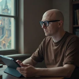 bald man with thick black glasses, blue eyes, medium close up portrait, sitting at desk, looking out window, using ipad, ornate fantasy city outside window, adjacent window, greg rutkowski, greg manchess, brown blue color palette, lofi, profile view
